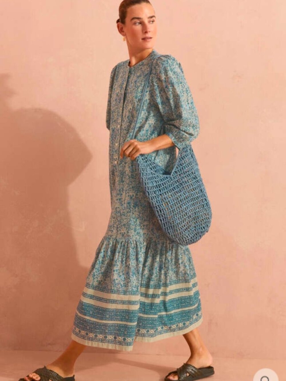 WRAP London Organic Cotton Boho Border Placement Dress in Blue Stone Size 12